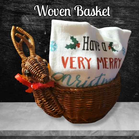 Vintage Other - Vtg Woven Reindeer Basket, Christmas Towel, Santa Soap, Red Bow Candy Nuts   Etc